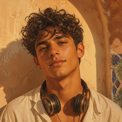 head-and-shoulders portrait of an original character: a young man with curly dark hair and headphones around his neck, plain backdrop, no text