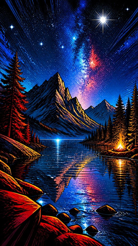 a tranquil mountain lake beneath a starry night sky, no people, no text