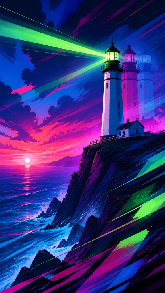 a lone lighthouse on a cliff at dusk under a dramatic sky, no text or lettering