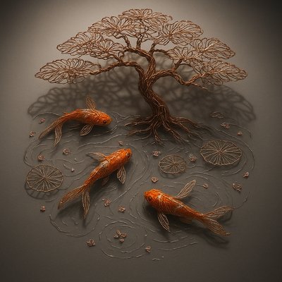 A koi pond seen from above, orange and white koi fish swimming among lily pads, clear water with subtle ripples, fallen cherry blossom petals floating on the surface, dappled sunlight