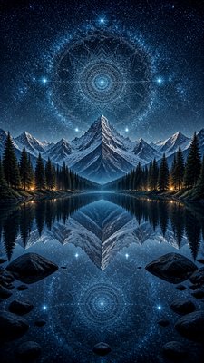 a tranquil mountain lake beneath a starry night sky, no people, no text