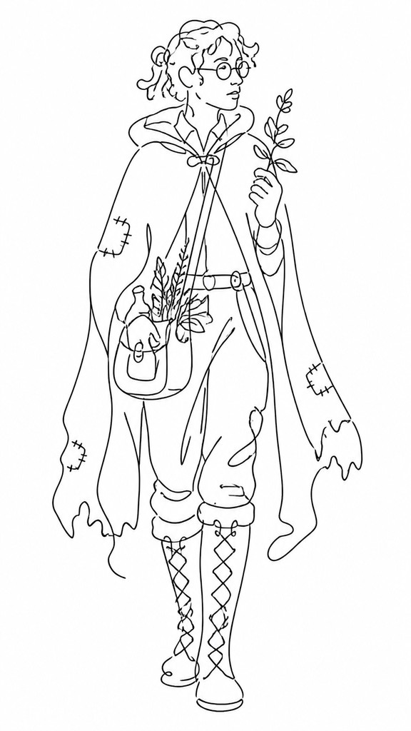 full-body original character: a wandering botanist with a satchel of plants, a patched green cloak, tall boots and round glasses, neutral background