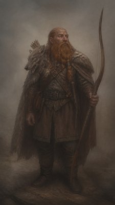 full-body original character: a dwarven ranger with a braided auburn beard, worn leather armor, a longbow and a wolf-pelt cloak, neutral background, no text
