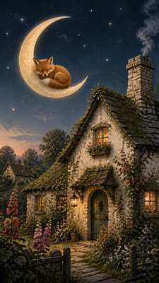a sleeping baby fox curled on a crescent moon among soft stars, gentle and warm, no text