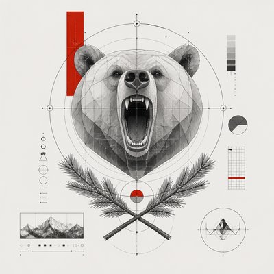 a roaring bear head above crossed pine branches, bold graphic composition on a plain background, no text