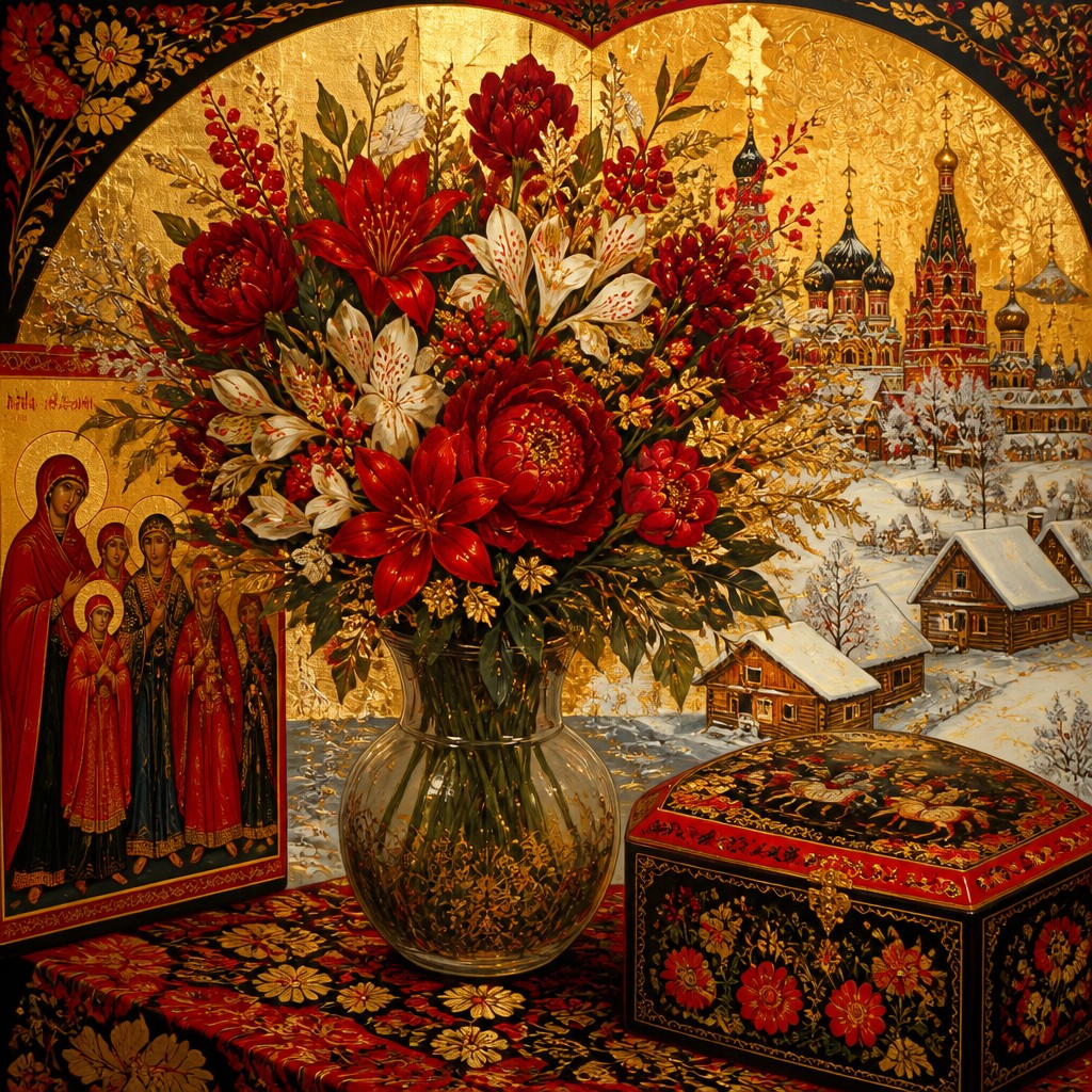 bouquet of flowers in a glass vase — Russian Art Style
