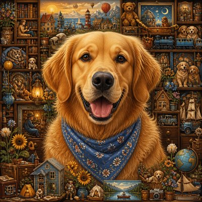portrait of a golden retriever wearing a blue bandana, warm plain backdrop, no text