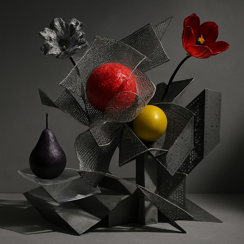 still life arrangement of fruits and flowers