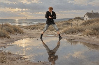 a woman in a black jacket is walking on the beach