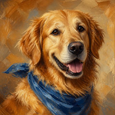 portrait of a golden retriever wearing a blue bandana, warm plain backdrop, no text