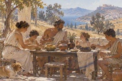 ancient greek family sharing a meal together 