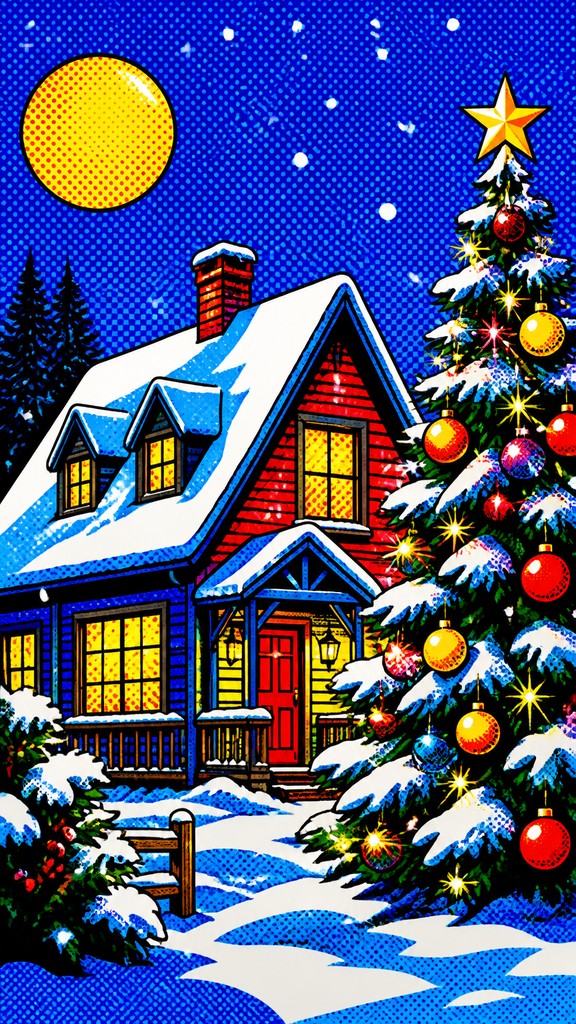 a snow-covered cottage with warm glowing windows beside a decorated pine tree, gentle snowfall, no text