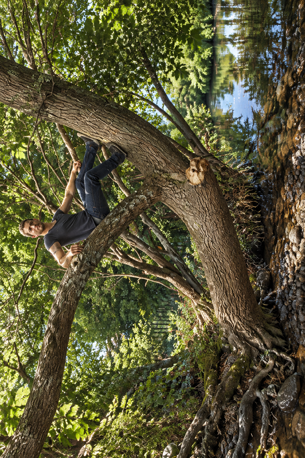 a man climbing up a tree in a forest