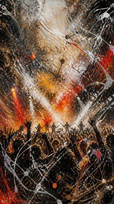 a live music scene with a glowing stage and silhouetted crowd, energetic vertical composition with open space at the top, no text