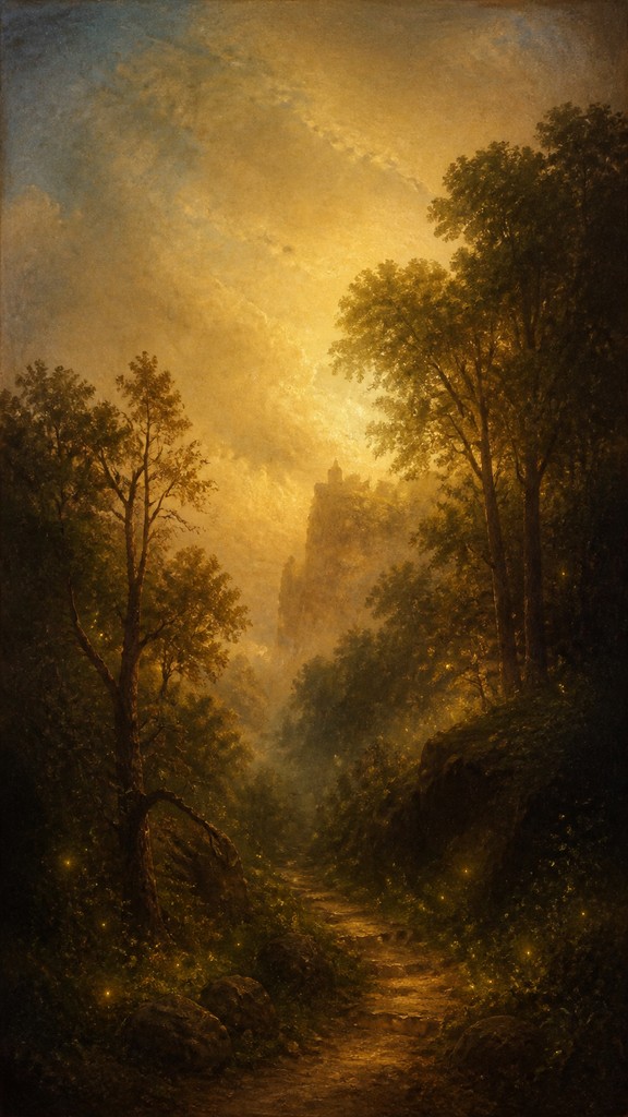 a mysterious forest path with fireflies and drifting mist, atmospheric vertical composition with open space at the top, no text