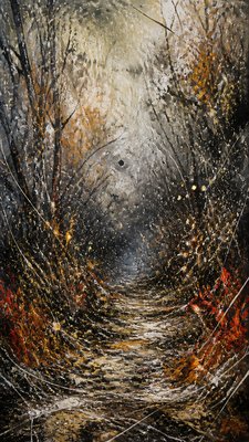 a mysterious forest path with fireflies and drifting mist, atmospheric vertical composition with open space at the top, no text