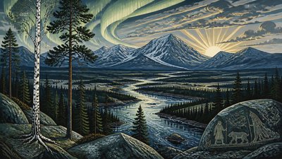 a vast valley with a river winding toward distant mountains at sunrise, no people, no text