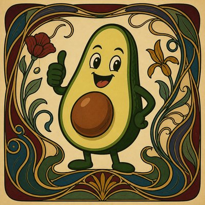 a happy avocado character giving a thumbs up, bold readable design on a plain background, no text