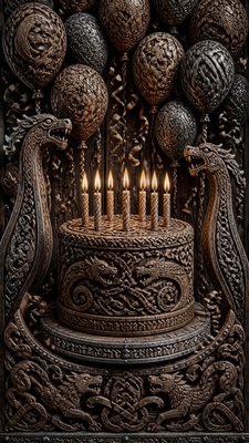 a birthday cake with lit candles surrounded by balloons and confetti, festive vertical composition, no text