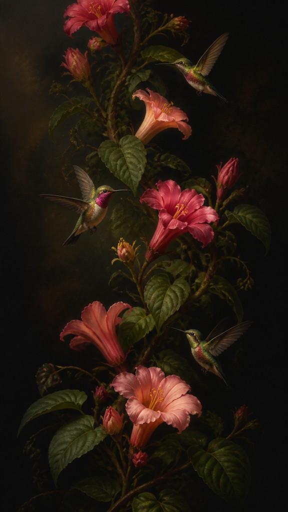 a climbing vine of flowers and hummingbirds on a dark background, tall wrapping composition, no text