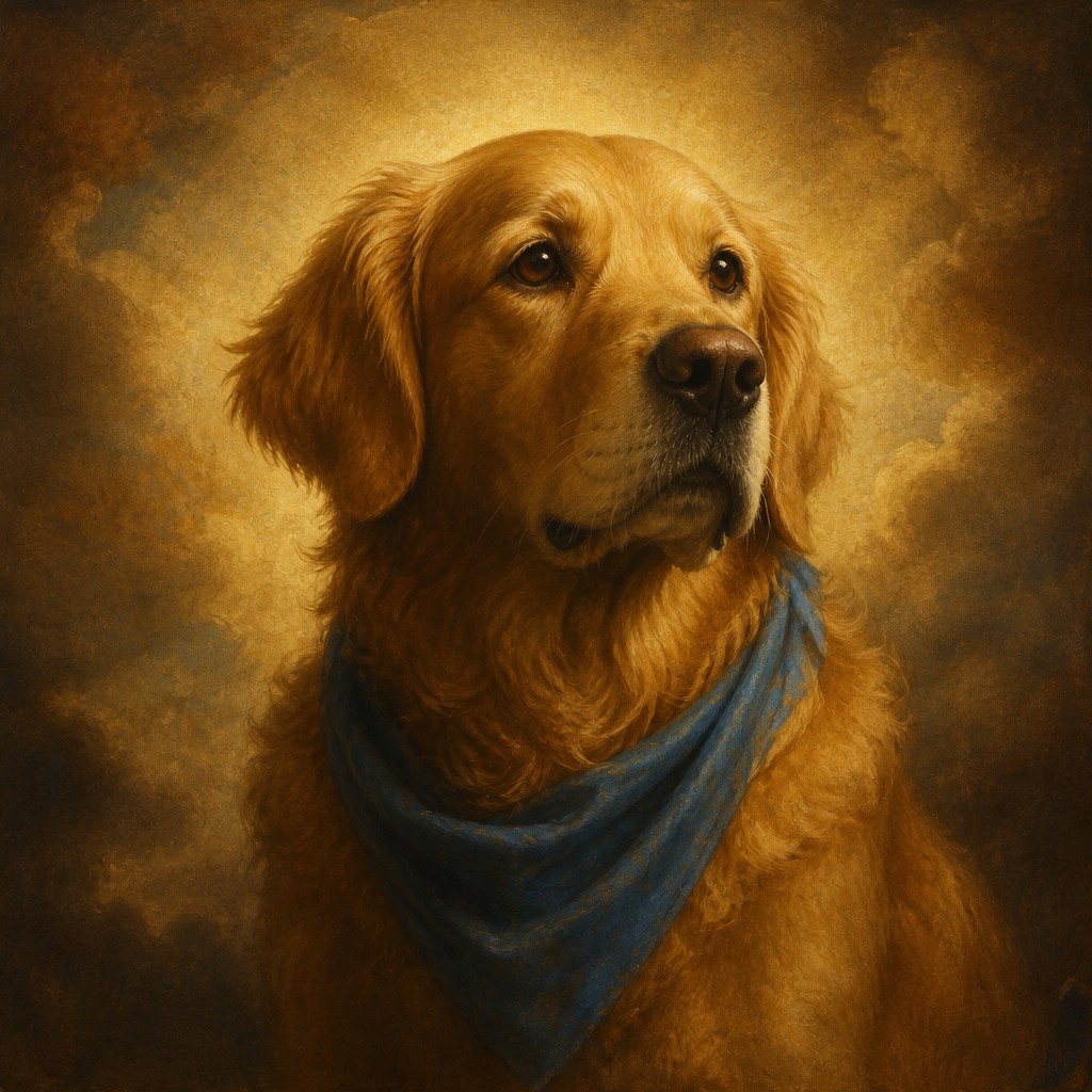 portrait of a golden retriever wearing a blue bandana, warm plain backdrop, no text