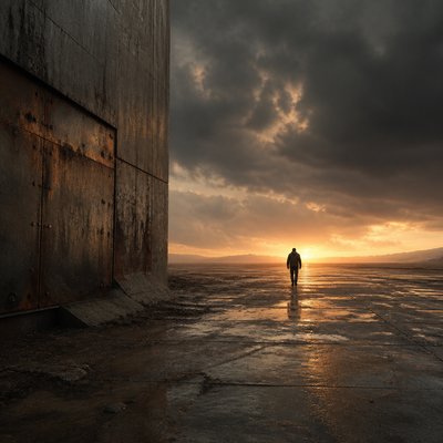 a solitary figure walking toward a glowing horizon across an empty plain, moody atmosphere, no text or lettering