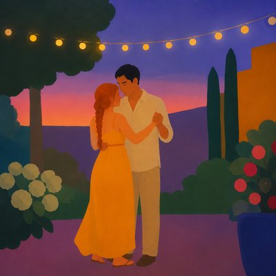 an original couple dancing under string lights in a garden at dusk: a man with short black hair in a linen shirt and a woman with braided red hair in a summer dress