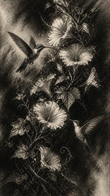 a climbing vine of flowers and hummingbirds on a dark background, tall wrapping composition, no text