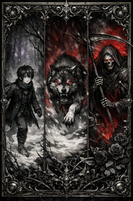 мальчик красивый идет по снегу и видит волка бубегает а затем смерть с красным фоном