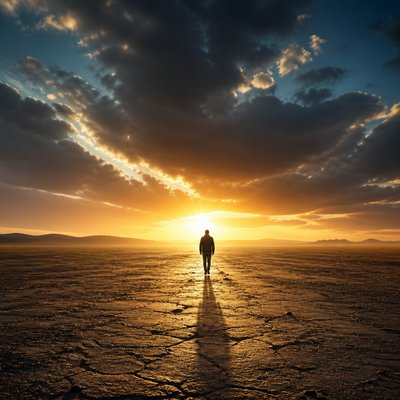 a solitary figure walking toward a glowing horizon across an empty plain, moody atmosphere, no text or lettering