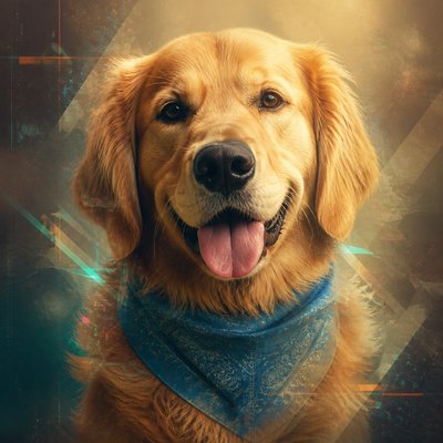 portrait of a golden retriever wearing a blue bandana, warm plain backdrop, no text