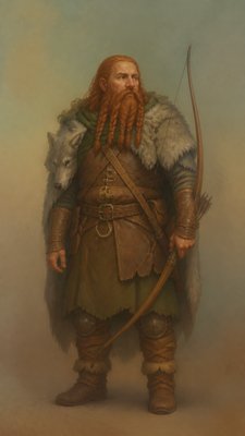 full-body original character: a dwarven ranger with a braided auburn beard, worn leather armor, a longbow and a wolf-pelt cloak, neutral background, no text