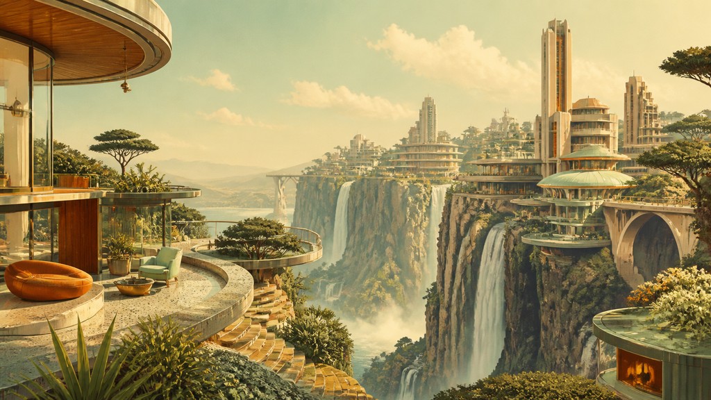 a cliffside city with waterfalls cascading into a misty canyon, wide establishing shot, no people, no text