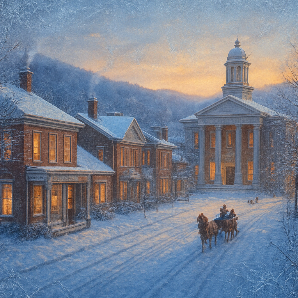 A breathtaking, highly detailed landscape and architectural illustration of historic Jonesborough, Tennessee, Appalachia, blanketed in fresh, pristine snow. The scene captures the charm of a 'Winter Wonderland' during the golden hour just before sunset. Focus on the main street (possibly Main Street or College Street) lined with preserved 18th and 19th-century Federal and Greek Revival style architecture, such as the Chester Inn or historic courthouse.
The buildings have warm, glowing lights spilling from their windows, creating a cozy contrast with the blue tones of the snow and dusk sky. Snow-dusted, bare deciduous trees frame the street. Include subtle details like a horse-drawn sleigh, tracks in the snow, and a thin wisp of smoke curling from chimneys. The style should be evocative, highly realistic, and painterly, capturing the quiet, historic ambiance of America's oldest town in Tennessee. Use a slightly elevated perspective to showcase the depth of the street and the surrounding Appalachian hillsides.