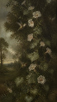 a climbing vine of flowers and hummingbirds on a dark background, tall wrapping composition, no text