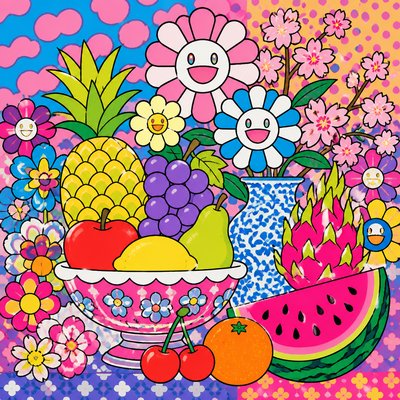 still life arrangement of fruits and flowers