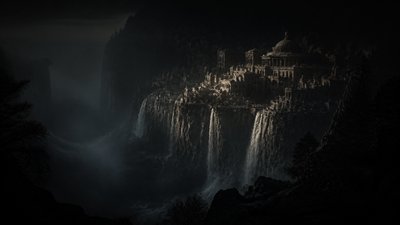 a cliffside city with waterfalls cascading into a misty canyon, wide establishing shot, no people, no text