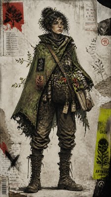 full-body original character: a wandering botanist with a satchel of plants, a patched green cloak, tall boots and round glasses, neutral background