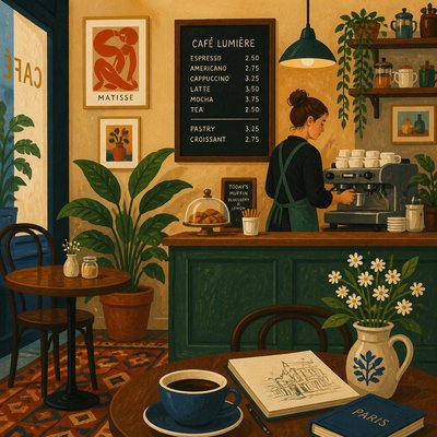 cozy cafe interior with warm lighting
