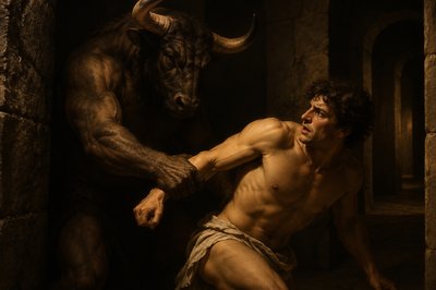 Minotaur in his dark labyrinth grabs the right arm of Theseus without weapon or covering