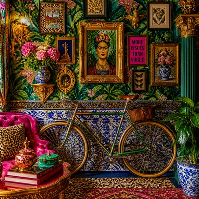 bicyle resting against a wall — Maximalist Interior Design