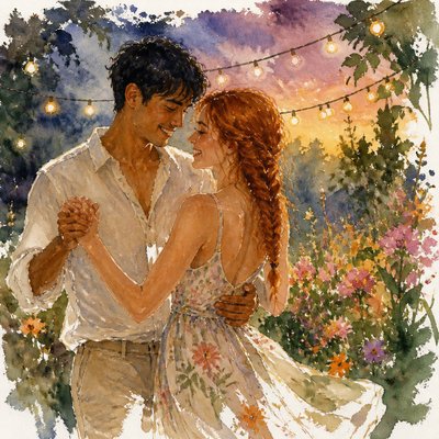 an original couple dancing under string lights in a garden at dusk: a man with short black hair in a linen shirt and a woman with braided red hair in a summer dress