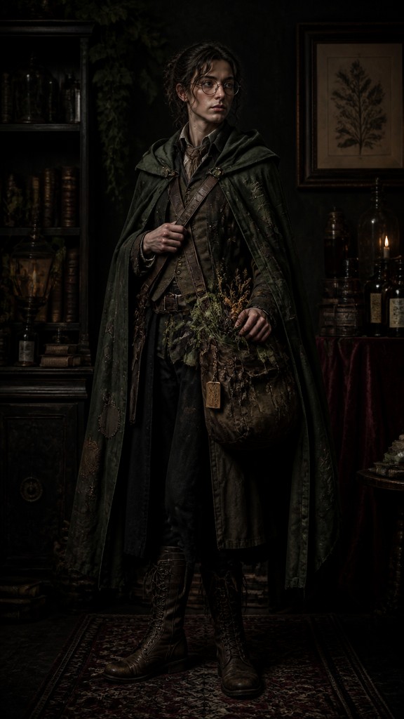 full-body original character: a wandering botanist with a satchel of plants, a patched green cloak, tall boots and round glasses, neutral background