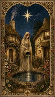 a robed figure pouring water beneath a large eight-pointed star in a night sky, symmetrical composition with an ornate decorative border, no text