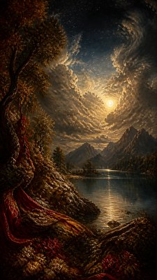 a tranquil mountain lake beneath a starry night sky, no people, no text