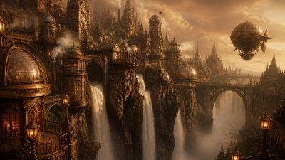 a cliffside city with waterfalls cascading into a misty canyon, wide establishing shot, no people, no text