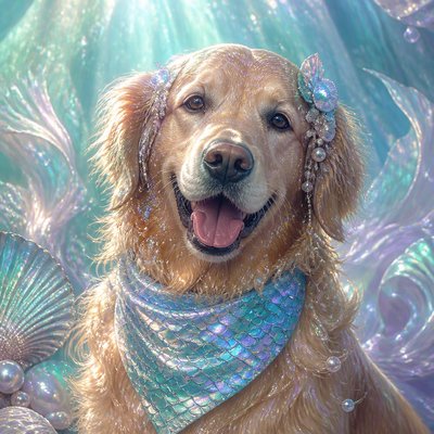 portrait of a golden retriever wearing a blue bandana, warm plain backdrop, no text