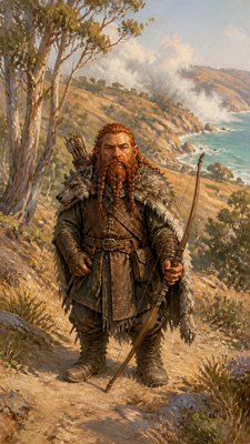 full-body original character: a dwarven ranger with a braided auburn beard, worn leather armor, a longbow and a wolf-pelt cloak, neutral background, no text