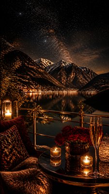 a tranquil mountain lake beneath a starry night sky, no people, no text