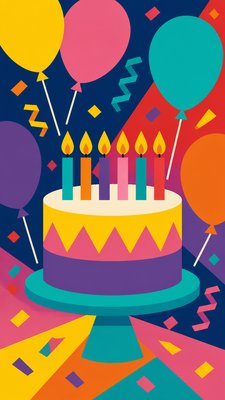 a birthday cake with lit candles surrounded by balloons and confetti, festive vertical composition, no text